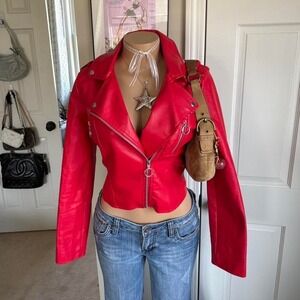 Y2K 2000s romantic faux Red Leather moto asymmetrical zip Jacket